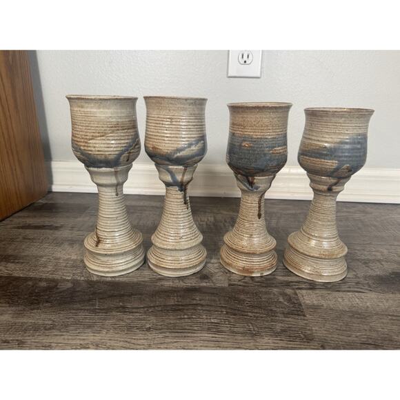 Studio Art Pottery Large Wine Goblet/Chalice 9 3/4” Set of 4 Handmade Glasses - Picture 12 of 16